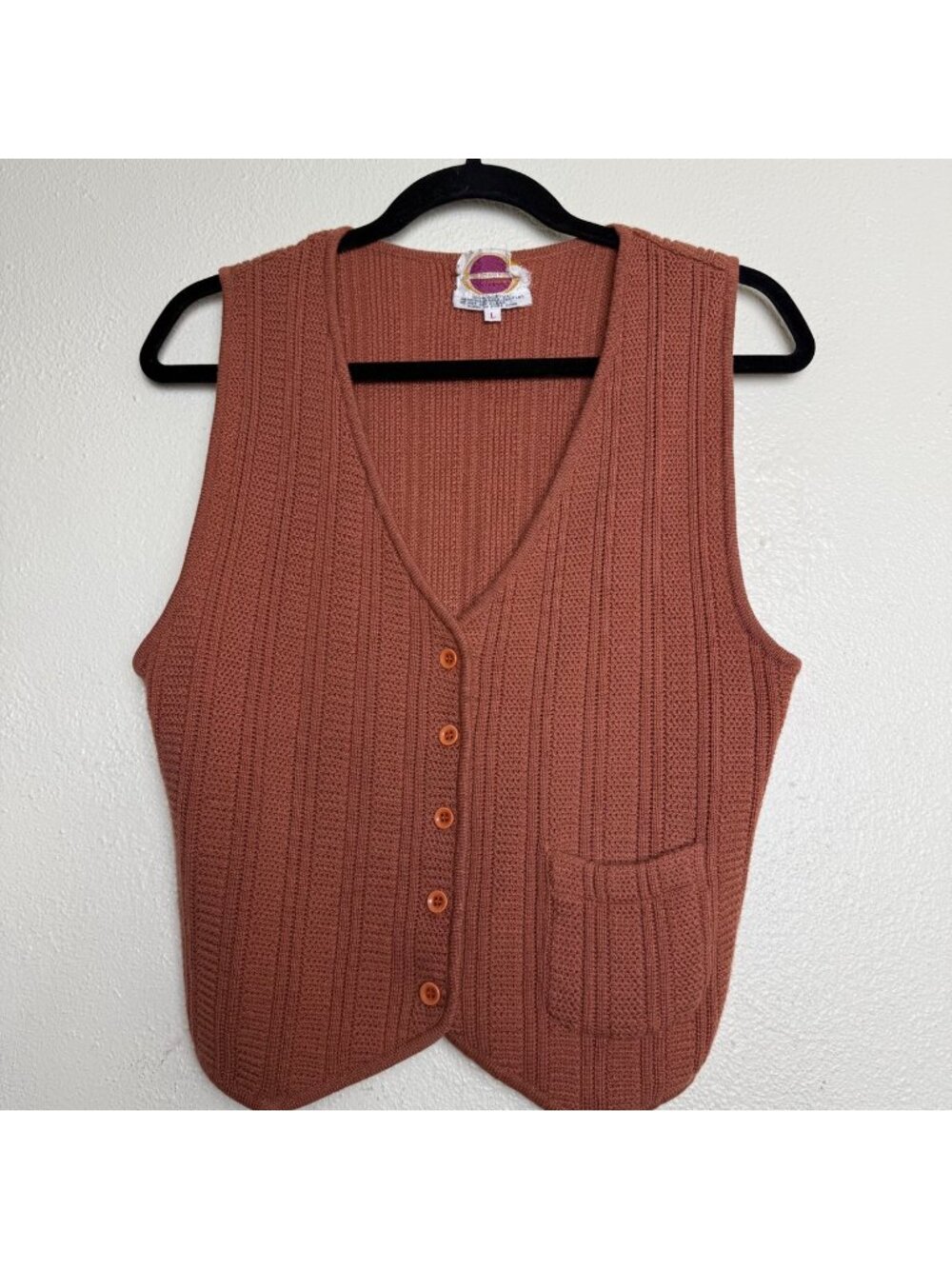Vintage Nordstrom Brass Plum Rust Orange Knit Vest With Button SZ L